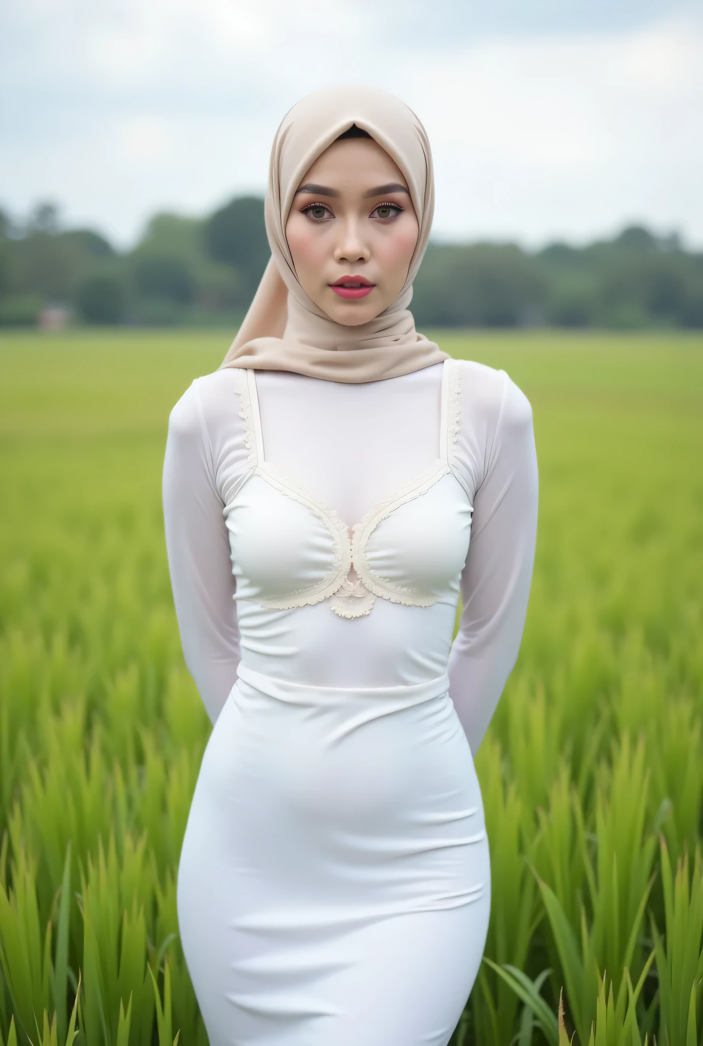 Just Front photo, wear a pastel translucent (white) leggings closed my center, Tetek besar melayut, hijab hijab hijab  hijab, (photorealistic:1.6), background rice paddy. daytime atmosphere, don't put any rope! flat chest!, duduk di atas kerusi kaca, hands behind back while legs astride,  view from  front, wearing Detailed Fully white satin silk tight dress, (Singlet ruffled)
