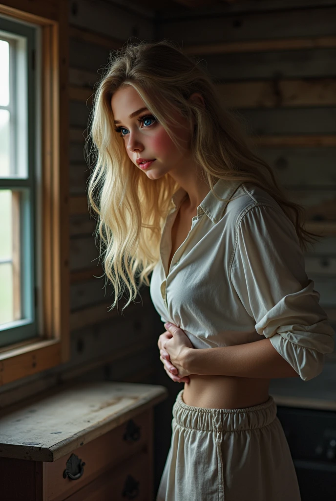 ((teen 29)), beautiful girl, model body, big blue eyes, small breasts, long legs, medium hoop earrings, big t-shirt, leggings, bottom shot, very white skin, long hair, wavy hair, blonde hair, cabin in the woods, photorealistic, Indirect lighting, volumetric light, specular light, ray tracing, hyper-detailed, best quality, ultra-high resolution, HDR, 8k, pose looking out the window