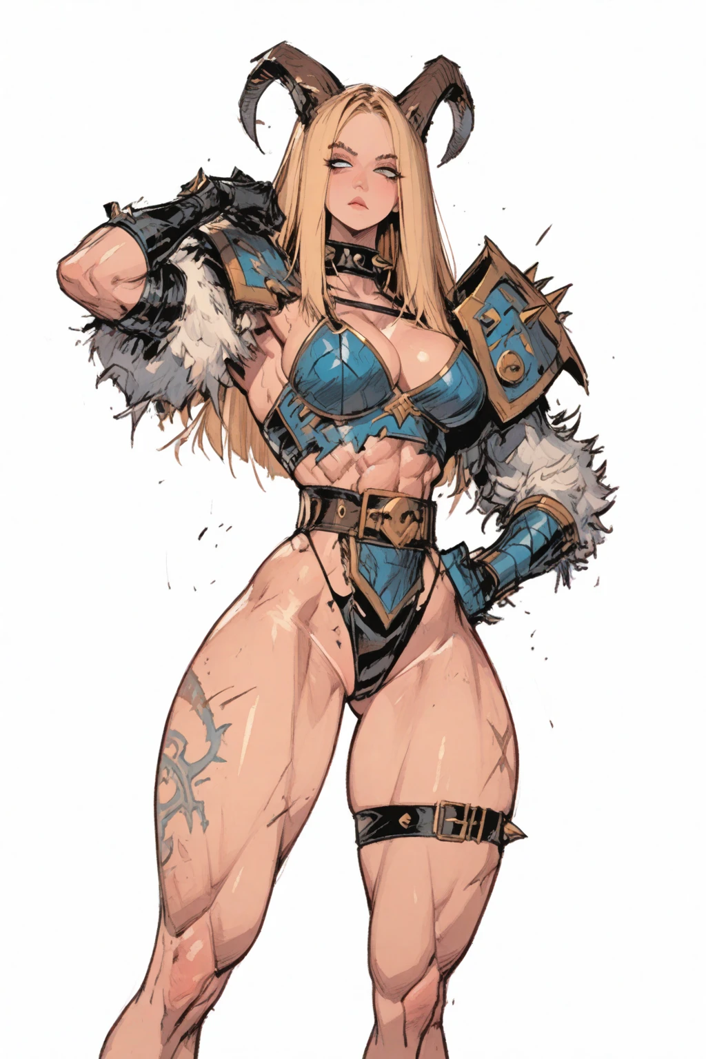 (((1girl))), (((long-hair-yellow-color)))), blue-eye, light-skinned, muscular, (((yellow hair))), (((elf ears)), (serious expression), (angry expression), seductive look, bright look, large breasts, blue rays around, nose and eyes anime, arm bandages