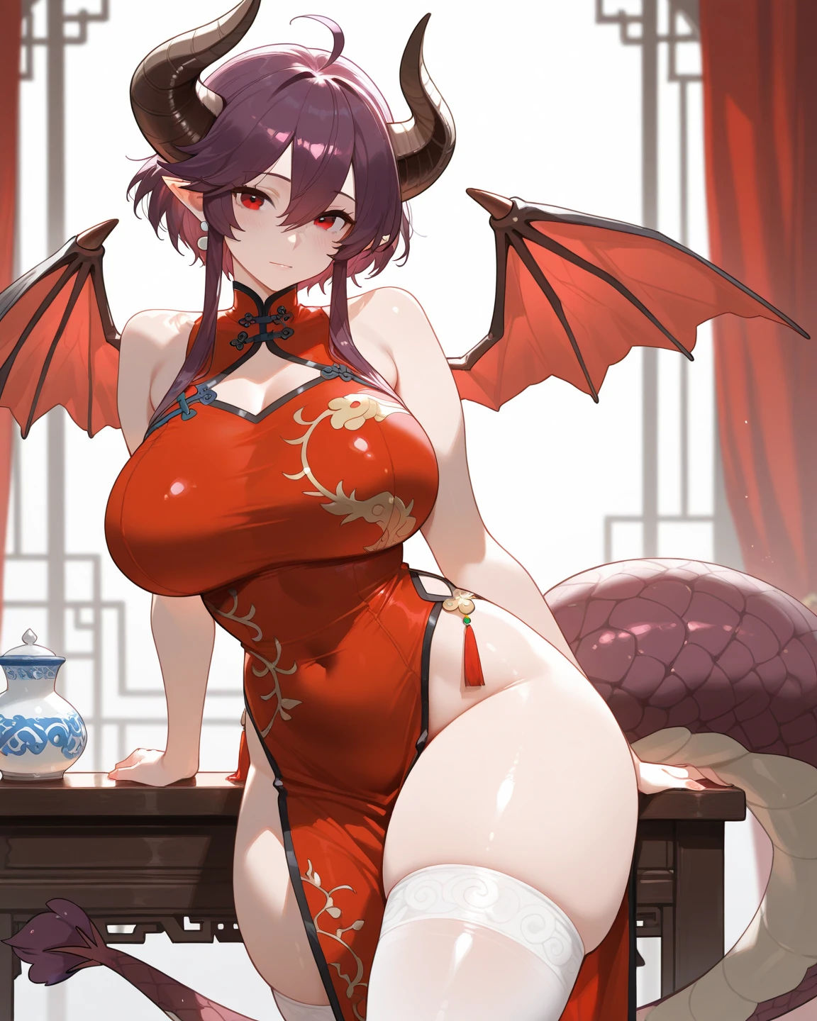 Bedroom, bookshelves, Succubus, demon horns, demon tail, chinese dress, nsfw, tights, large breasts, full body, simple background, slender Asian woman, sexually perfect, long dark hair, hand on hip