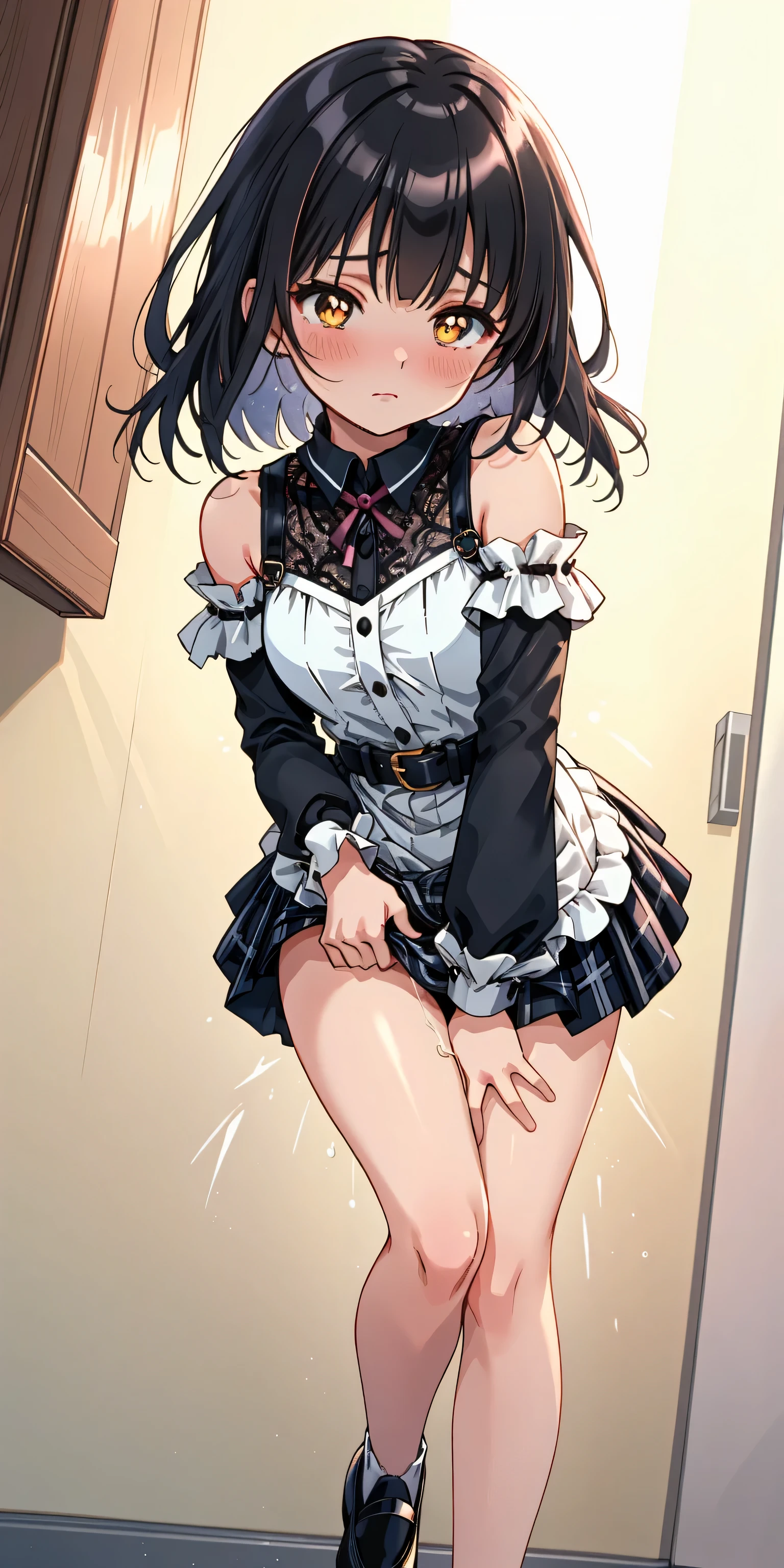 (8k、Best image quality、highest quality、masterpiece)、Detailed face、 One girl、Black Hair、Long Hair、Grey Eyes、evil smile、Small breasts、((serafuku))、Long sleeve、((Navy blue pleated skirt))、((skirt lift))、((white frills panties:1.3))、Cowboy Shot、Shoot from below、Gym storeroom