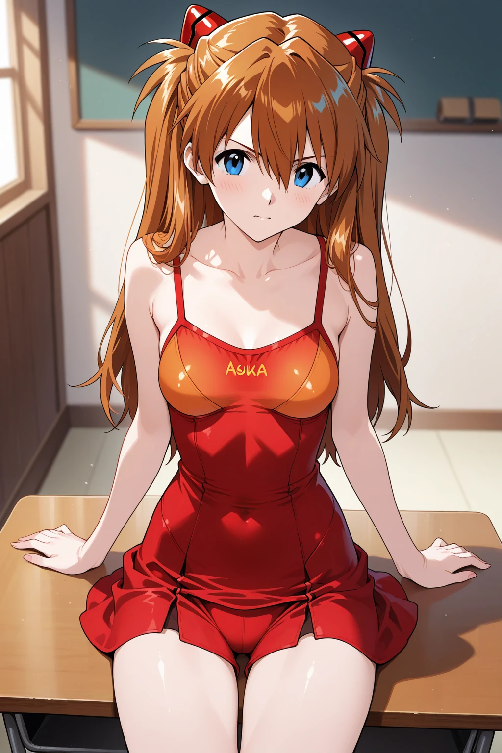 (masutepiece),(Best Quality), Asuka Langley Soryu，、Soio、Blue eyes，hair between eye，headware，Interface headset，Orange hair，Red Ribbon、bow ribbon、Big breasts、((Smaller head)）、1 female、fullmoon、room dress、Slit Dresses、Sexy pose with one knee standing、(Raw photography:1.2)、(Photorealsitic:1.4)、A smile、Textured skin、extremely detailed eye and face、beatiful detailed eyes、二重まぶた、huge filesize、(Increase the beauty of skin texture:1.1)、hight resolution、highlydetailed skin、top-quality、8k wallpaper、电影灯光、large boob,Seductive underwear、Open legs、The chest is visible、 Spread your legs、Spread your crotch、Persistent stare, Sharp eyes, sexy langeries