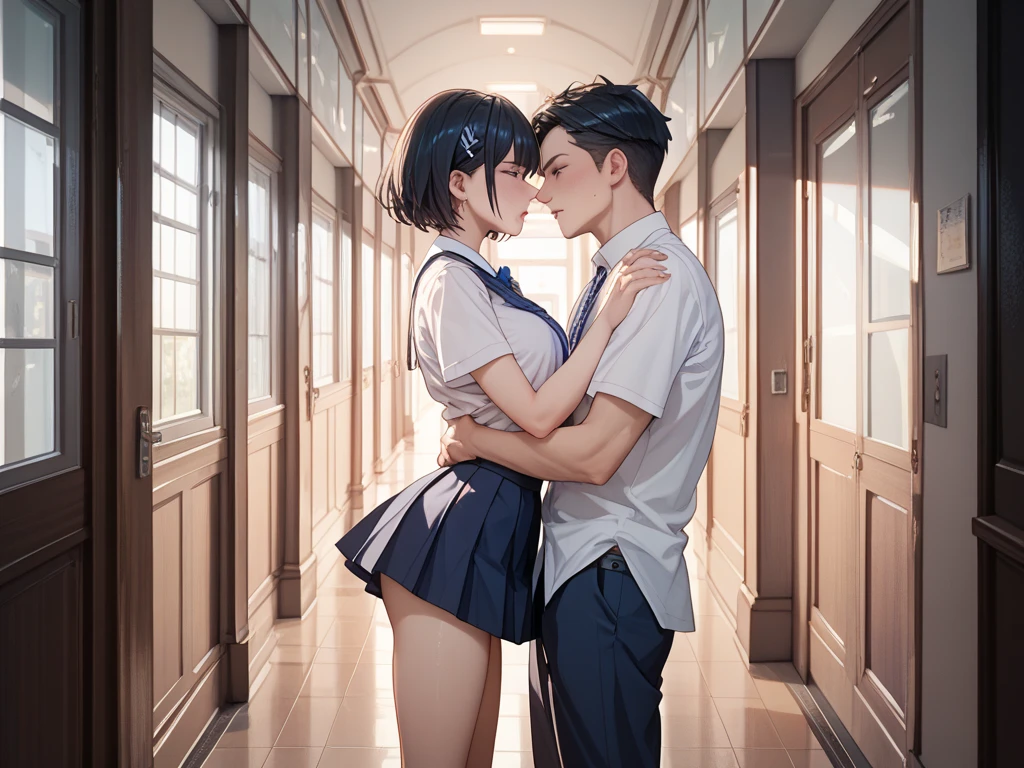 score_9,score_8_up,score_7_up,source_アニメ, masterpiece , アニメ screencap, rating_explicit, Uncensored, BREAK onee-shota, 1girl and 1boy, qvj, Yor briar, spy x family, eyes, black hair, short hair with long locks, hairband, (Mature Woman、Mature Woman、pretty、beautiful、Fascinating、White skin、Curvy sexy body、Smooth body、Curvy Body、Long sexy black hair、Earrings、Glossy Lips、Sexy lips、Sexy Teacher Uniform、High heels、Controlling and seducing men、cunning、Grin、mischief、) fdom_awall、lhand_Touch、rhand_face、