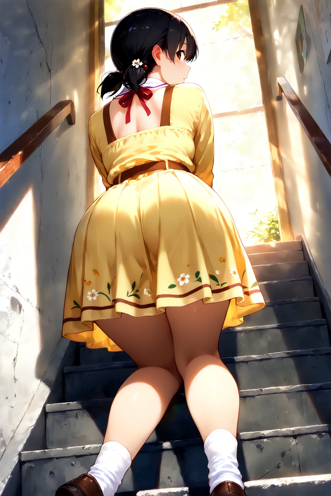 (highest quality,4K,8k,High resolution,masterpiece:1.2),Very detailed,Portraiture,Detailed Background,Soft lighting,Beautifully illuminated landscape, fantasy art:1.5, BREAK high school girl,skirt,Plaid, Pleats, panties,Light green,See-through, perfect female body,Big Ass, expensive, short hair, blazer, Black socks, loafers, BREAK another male's hand from out of frame touching her skirt:1.8, From behind, one hand, Perfect Fingers:1.3, Perfect hands:1.3, Short sleeve, Rear View, station, train, Commuting, long escalator