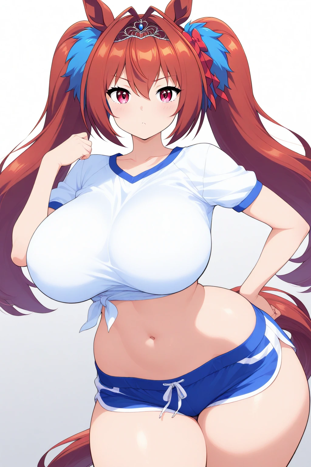One girl,Huge Breasts, Have, White Background, Both sides up, bra,underwear,{{{Plump, thick thighs}}},{{{Knee-high socks}}},Are standing,Happy,Huge Ass,Cream colored hair