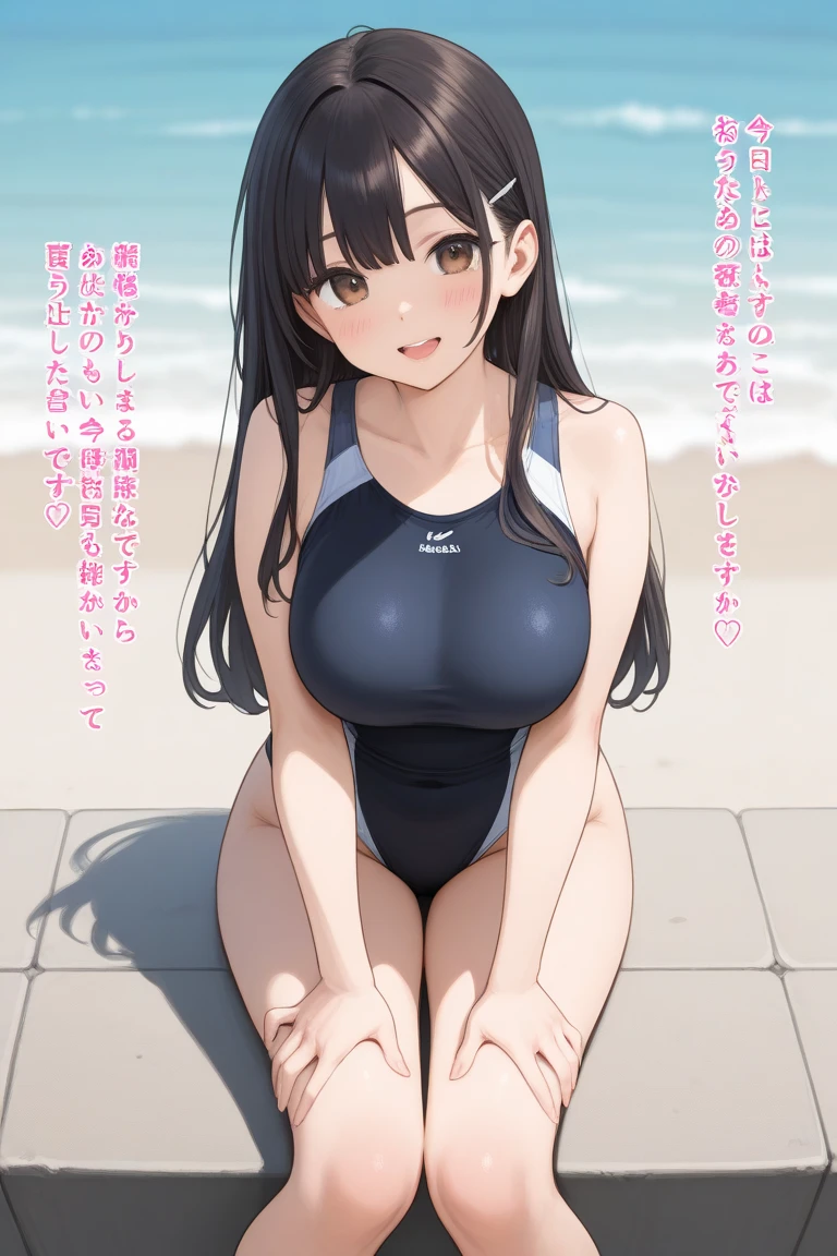 masterpiece, best quality, high quality, beautiful anime character, solo, anime girl with dark hair, (messy hair, long hair, choppy bangs, chopped bangs), purple eyes, medium breasts, mature female, tall female, big girl, thick, light smile, outdoors, almost full body, (school swimsuit), sitting