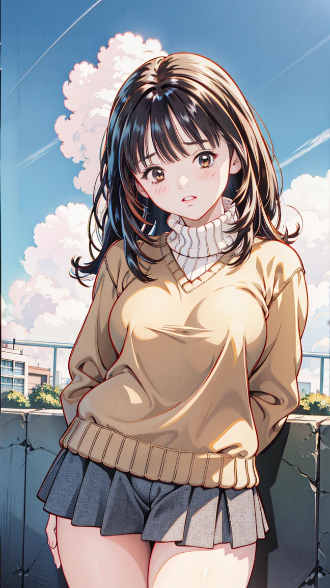 <lora:ETO_OCC006:0.6>,looking at viewer,smile,
ETO_OCC,1girl,
curly hair,longhair,
turtleneck sweater,city,sunset,
