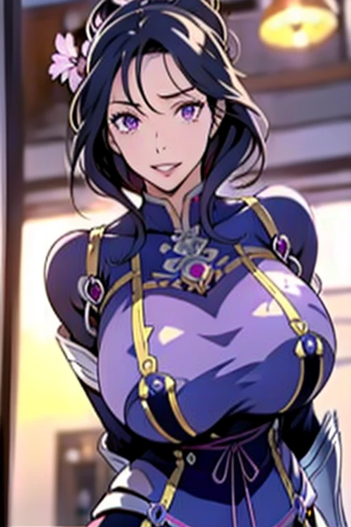 long black hair, colored skin, brown skin, blue eyes, solo, smiling, standing, upper body, hips, gigantic breasts, blue clothes, cleavage
