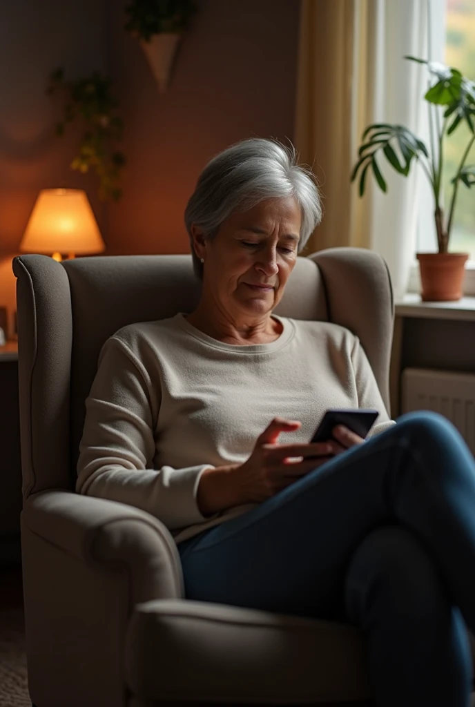 Create a realistic picture of women in mid 40s having smartphone in his hand scrolling reels