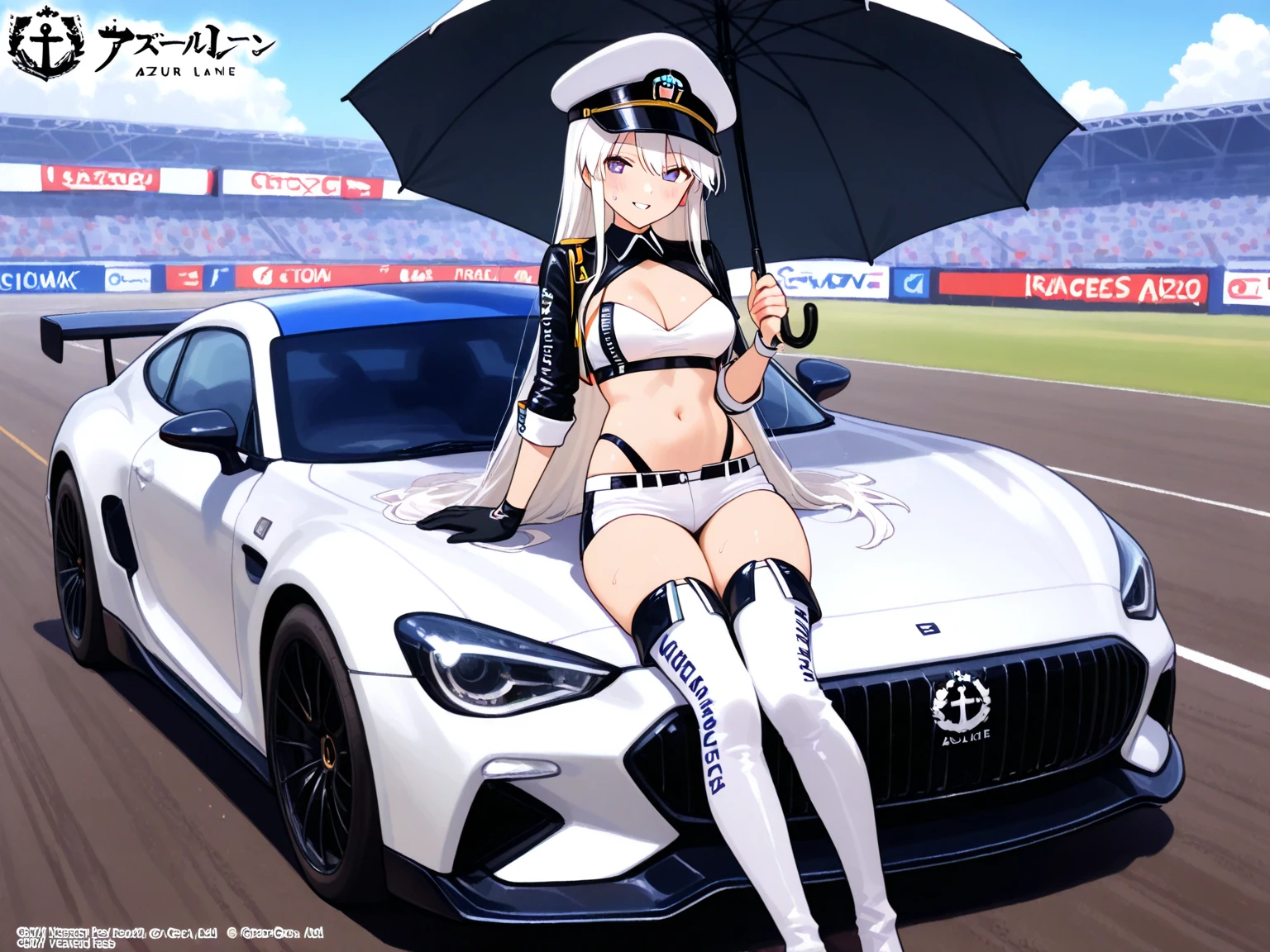 ((masterpiece,best_quality)),1girl,solo, beautiful eyes,beautiful detailed glow,detailed, car, flag, smile,upper body, bare shoulders, see-through,(facing viewer),((kirisame_marisa,witch hat,blonde hair,braid, long hair,)),thigh boots,elbow_gloves,race_queen, <lora:racingmiku2011-+000007:0.7>,white legwear,(showgirl_skirt),