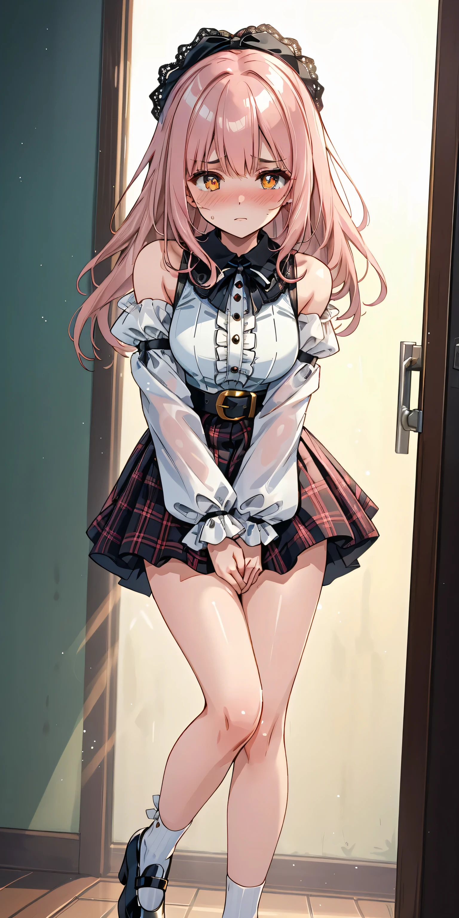 Anna Millers style rose pink uniform, cute girl clerk, A cute smile that seems a little shy, leaning down, Bustier-style rose pink clothes that don&#39;t hide the breasts, Soft breasts of about C cup size, Rose pink fluttering mini skirt, White knee-high socks, and draw the full body, Undressing, Be undress, She stands on one leg and takes off her panties down to her thighs., Inside of a spacious Western-style coffee shop, Her uniform is a little disheveled and her breasts are exposed., Draw nipples,Her skirt is a little disarray and her crotch is visible., Draw the crotch area, Water droplets drip from my crotch, making my thighs a little damp.