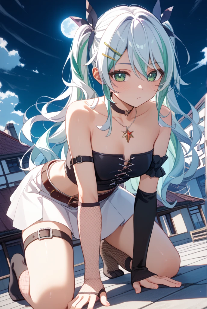 1 girl、Silver Hair、Pale skin、Long Hair、Red flower hair ornament、Emerald green eyes、、High resolution、highest quality、Anime Moe Art Style、Cowboy Shot、Plush panties、lingerie、stomach、bra、Rear view、Thong、Outdoor、