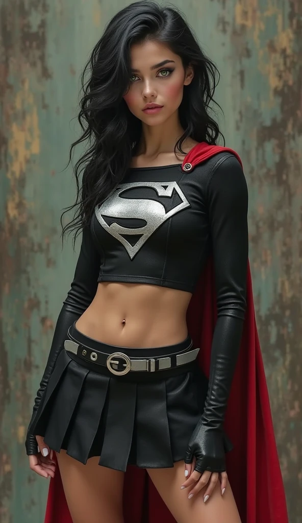 dominican, visible from a white shirt (((masterpiece, highest quality)), yoga white pants, wearing Supergirl costume, 1 girl, (photorealistic: 1.4), smiling, solo, white background, black hair, wavy hair, absolute area, skirt, ((full body)), HD, high quality, very detailed, hyper realistic, outer space, cinematic video, dramatic