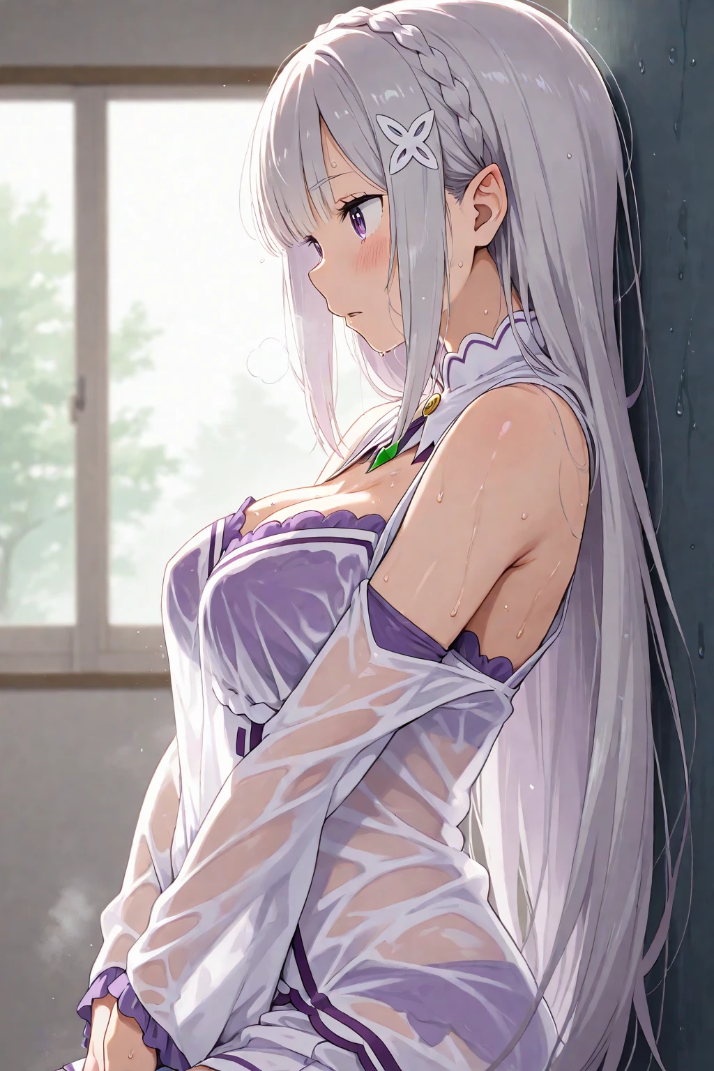 Emilia Re:Zero, white hair, white crown braid, purple ribbons in hair, white flower in hair, white lingerie, x hair ornament, purple eyes, long hair, medium breasts, fox ears, fox girl, 1girl, solo,
(masterpiece:1.1), (best quality:1.1), (ultra-detailed:1.1), (illustration:1.1), medium breasts, one piece lingerie, bra, panties, camel toe, lacy white lingerie, cleavage cutout, midriff, looking at viewer, cowboy shot, blushing