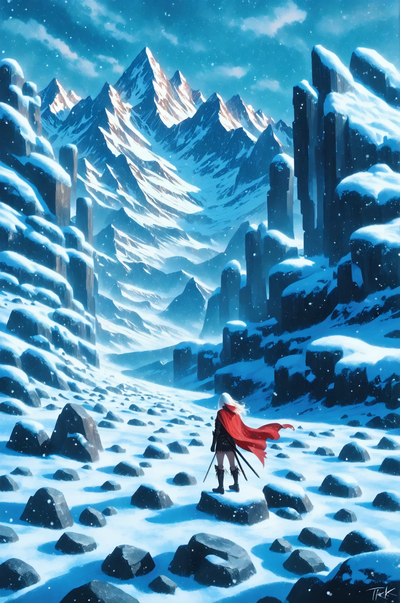 dark gothic,trk,1girl, white hair, armor, cape, red cape, scabbard, , ,  
ruins, rock, bush, mountain, snow, snowing, storm, ice, winter, landscape, doorway, scenery, painterly, signature,  
dynamic angle, distant view, windy
