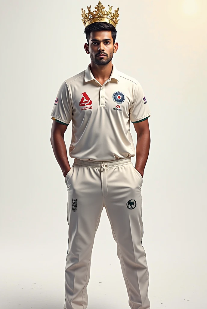 Base model of a handsome indian man, homoerotic, masterpiece, crotch bulge, handsome face, posing for photo shoot, ultra HD, 16k resolution, handsome face, beautiful eyes, messy hair, he is a cricket player, (wearing indian cricket team Jersey)