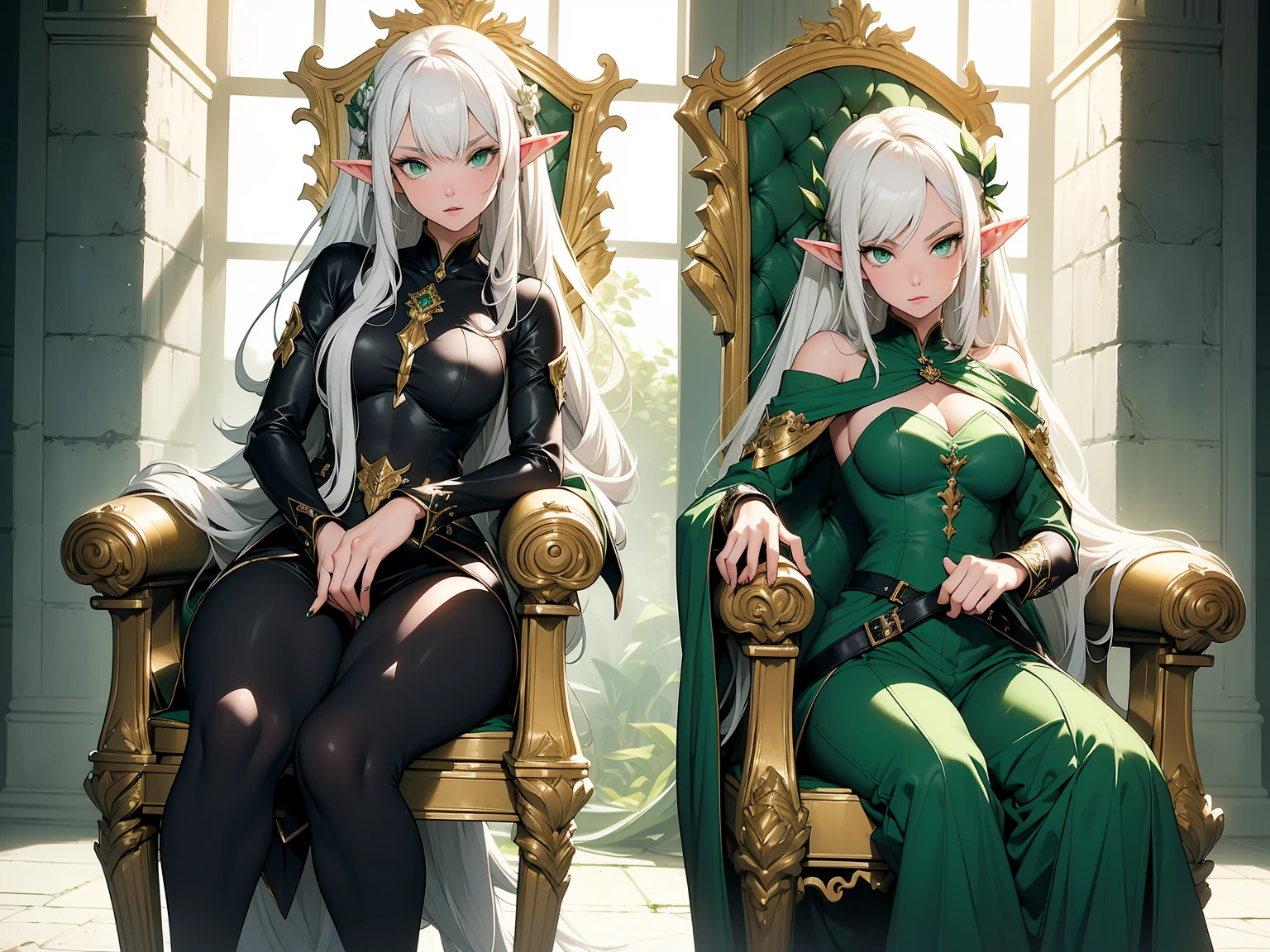 (((Very high image quality))),((Dark Skin)),(((Elf Woman))),(((White hair))),(((green eyes))),(((Seyxy body))),(Big breasts),((Medieval dress)),((Sitting on the throne)),((Throne hall)),((With several people around her))