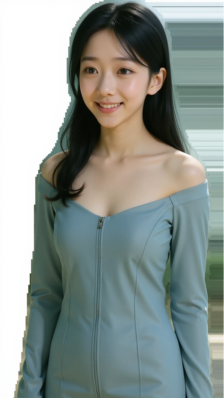 (1 woman:1.5)、(Wide forehead、Very short hair、Very small amount of hair、Forehead:1.1)、A happy expression with a slight tan、A soft smile、(Light blue dress),((Very sleepy、Improves skin texture, A big smile、Narrow eyes、I know the shape of your head))、(slicked back hair:1.25)、Photographic, Raw photo, Mastepiece, Highly detailed photos, Digital SLR, Photo-realistic 1.4, Super hello nothing, Best Quality,(standing、tilting your head、whole body:1.5)