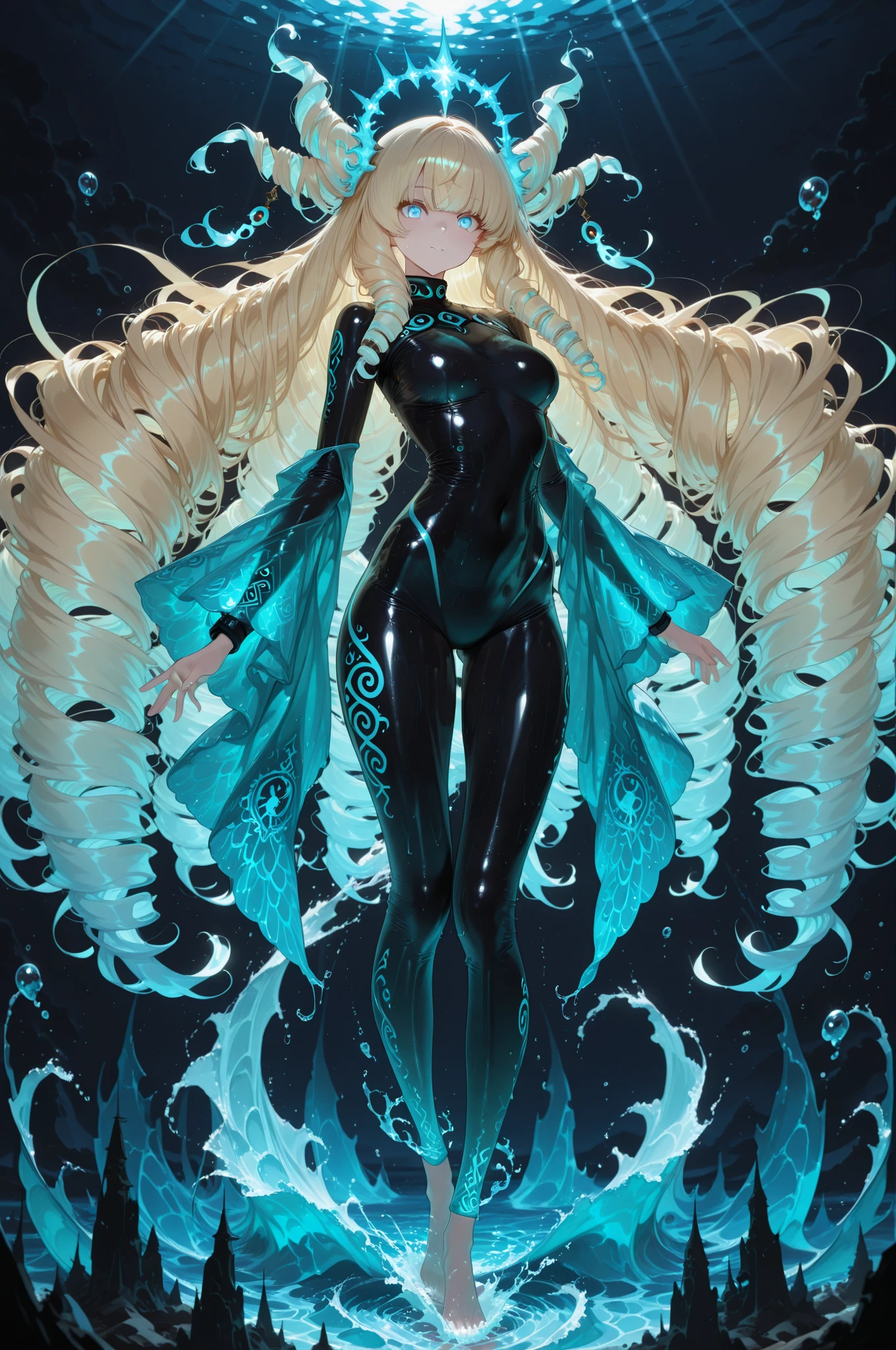 (masterpiece, best quality, Full HD), fantasy, floating in the air, ((very long hair, hair floating up vertically)), curled up, hugging knees, sitting on a luminescent bubble, slim black body suit, barefoot, white background