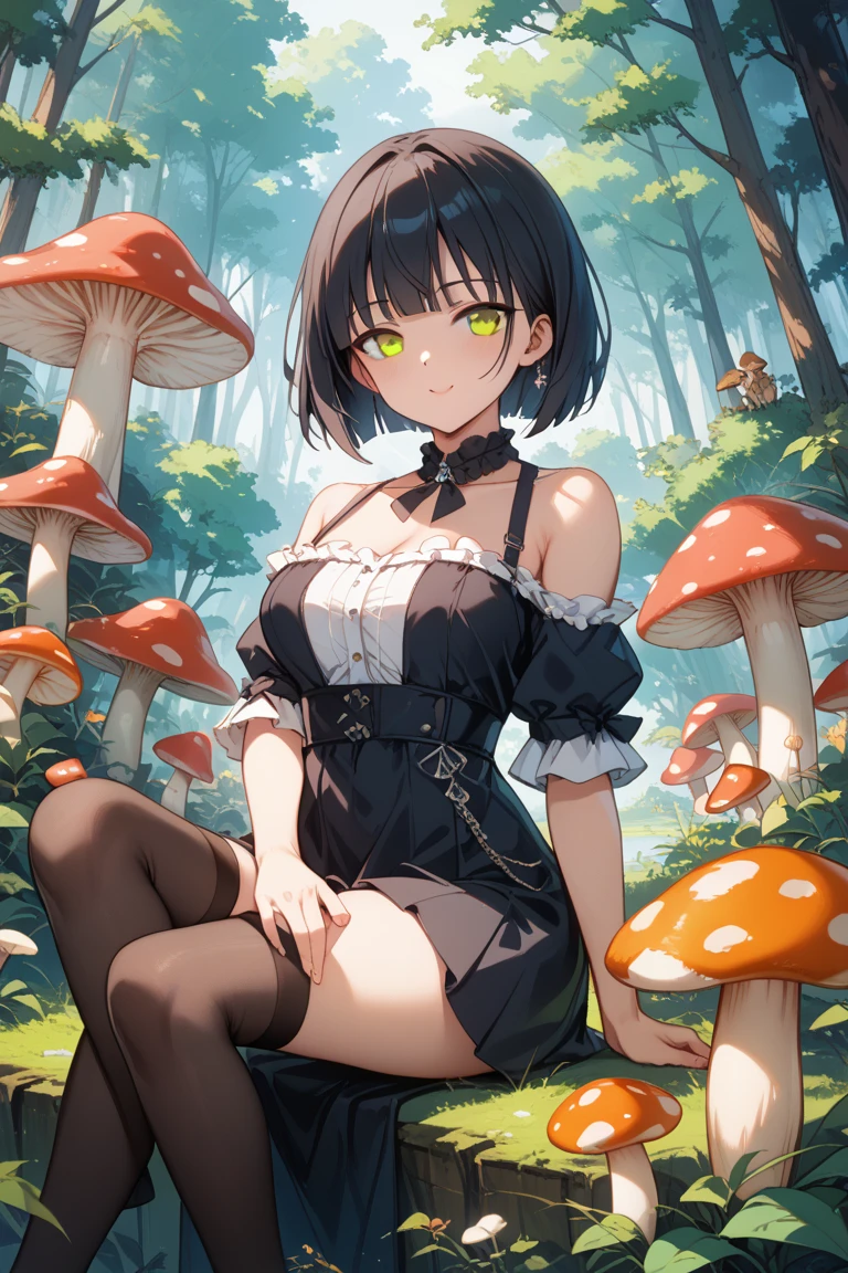 (masterpiece), (best quality), 1girl, armor, bamboo, branch, breasts, building, bush, cactus, cleavage, day, flower_pot, foliage, grass, helmet, ivy, jungle, leaf, leotard, moss, outdoors, overgrown, palm_leaf, palm_tree, plant, potted_plant, ruins, short_hair, sitting, solo, tanabata, tanzaku, thighhighs, tree, vines, watering_can