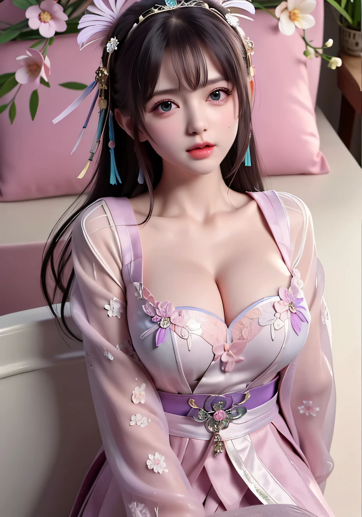 a princess 8 yeald old cute Hanfu  dynasty open V-chested clothes royal, All pictures, Wet body of thin silk fabric, Thin silk lace petticoat,princess 8 yeald old cute, (huge ，cleavage),petticoat, white pink, blue ，best qualtiy，tmasterpiece，Ultra-high resolution，（Reality：1.4），RAW photogr，（True skin texture：1.3），（filmgrain：1.3），（Selfie angle），1个Giant Breast Girl，Beautiful eye and face details，tmasterpiece，Best quality at best，exposing thighs，Bigchest，The chest is more exposed， detailed hair，above looking down facing at camera,short dressPrincess Eyes,Super big eyes,Detailed face,shiny pupils, dress pink (a garden,moon palace,Chang'e,mooncakes)