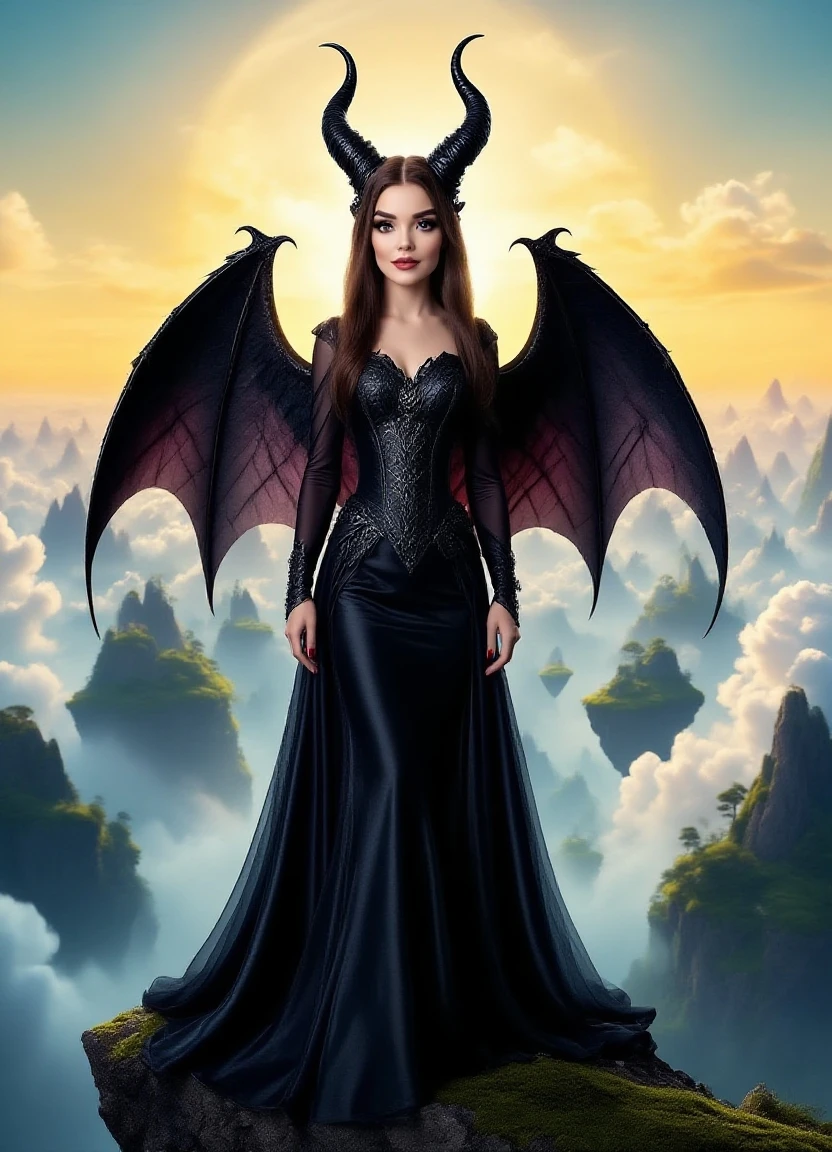Lady in a scary dragon dress drawn with a pencil in the form of a cartoon image design. A pencil costume designer with dragon heads on the shoulders and a crown made of a dragon head, a full image.