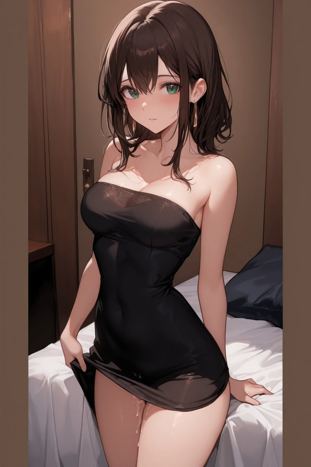 (masterpiece, Highest quality, High resolution, Super detailed, Highest quality), Detailed body, Detailed face, Blake Women, Detailed Eyes, subtle Smile, Tight waist, Brown ponytail hair, Black Eyes, Black plunging maxi dress, bedroom 
