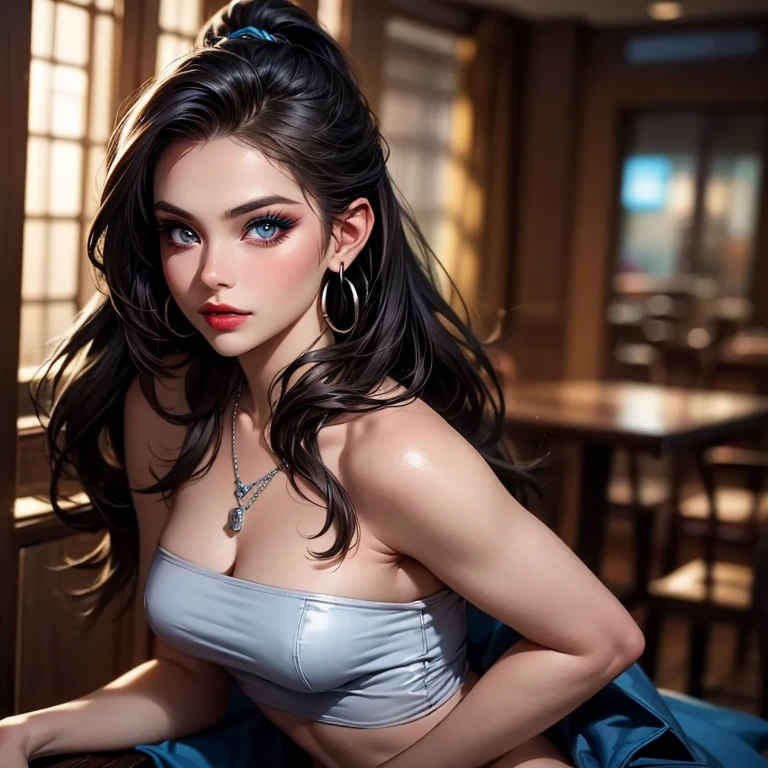 "(masterpiece 1.3, best quality, 8k, sharp focus, depth of field, best shadows, perfect lights, HDR, realistic skin texture, ultra-detailed, detailed background)", photorealistic, RAW photo, An Empress (1 woman, long black hair, blue eyes, white skin, small breasts, old Korea, makeup, lots of gloss, dark eyelash, dark eye shadow, perfect nose), in a cruel sexy mistress bustier,  leather, one-piece, black and blue, lying in her royal chambers, intimidating,
