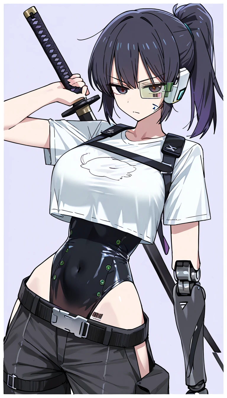 (beautiful girl : 1.3),1 girl,(black shiny leotard,mechanical leotard,black cargo pants,white t-shirt,Crop Top Shirt,scouter,belt,Harness,Carrying a Japanese sword,Mechanical Limbs),dark haired,ponytail,Serious Expression,barcode tattoo on cheek,The brilliance of Japanese swords,simple colored background,Dynamic Angle,masterpiece,top quality,Rich Contrasts,HIGH DEFINITION,8k,High Definition CG Unit Wallpaper,Textures,incredibly absurd,RAW pictures,Deep Border 1 .2,very detailed