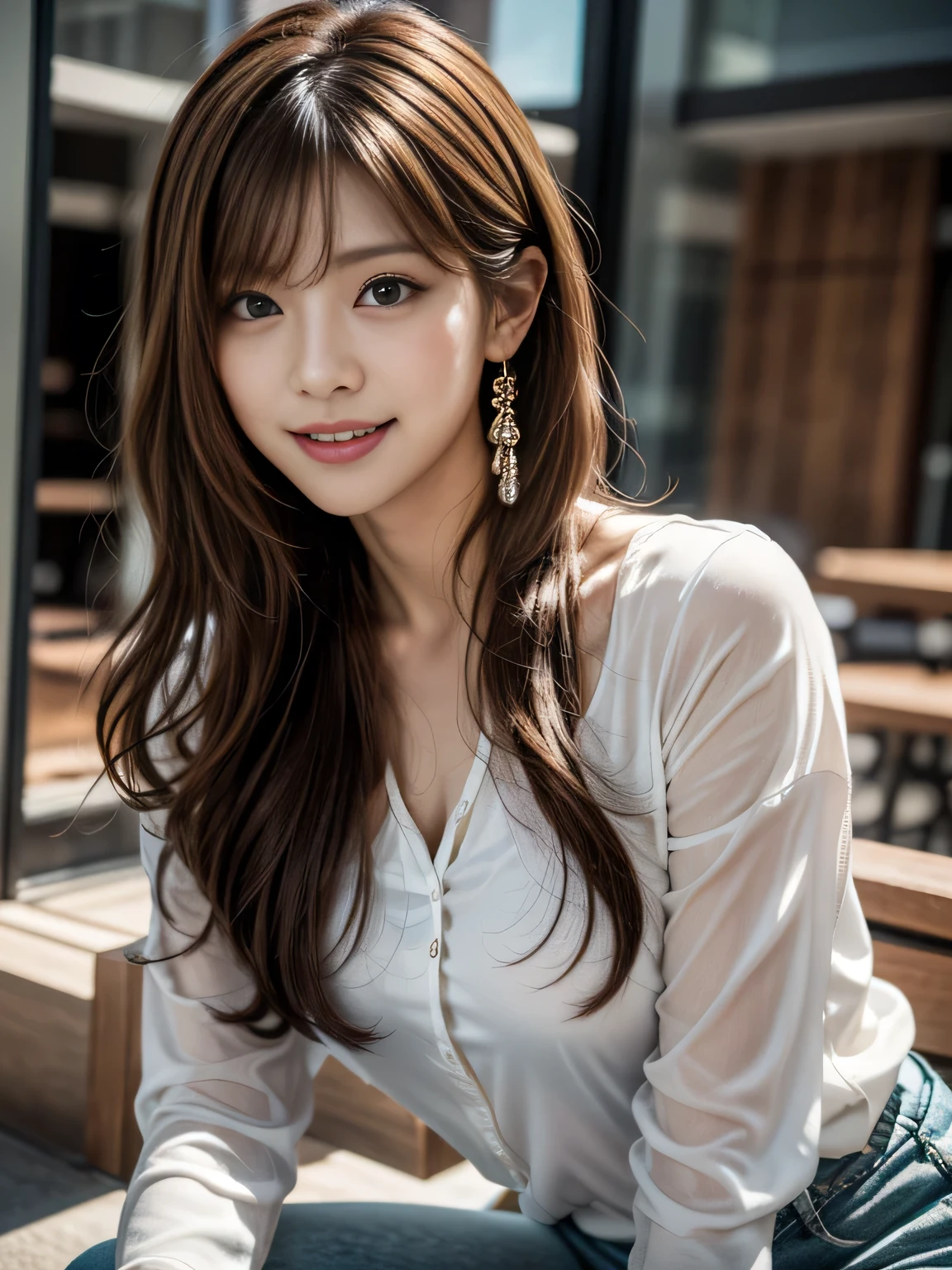Ultra High Definition, Superior Quality, Premier Quality, ultra detailed, Photorealistic, 8k, RAW Photos, highest quality, masterpiece, Attractive girl, Stunning girl, Brown Hair, Shoulder Length Layered, asymmetrical bangs, K-pop Idol, Sophisticated girl, white shirt with collar, Shibuya,  smile,