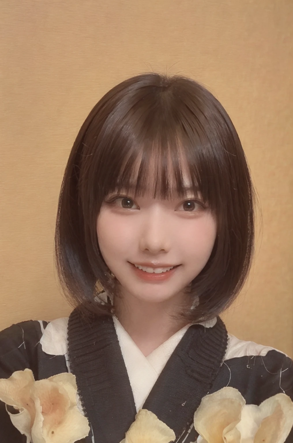 i0r1n. A photograph of a woman with fair skin and short, dark brown, straight bob haircut with bangs that frame her face,sex,ahegao