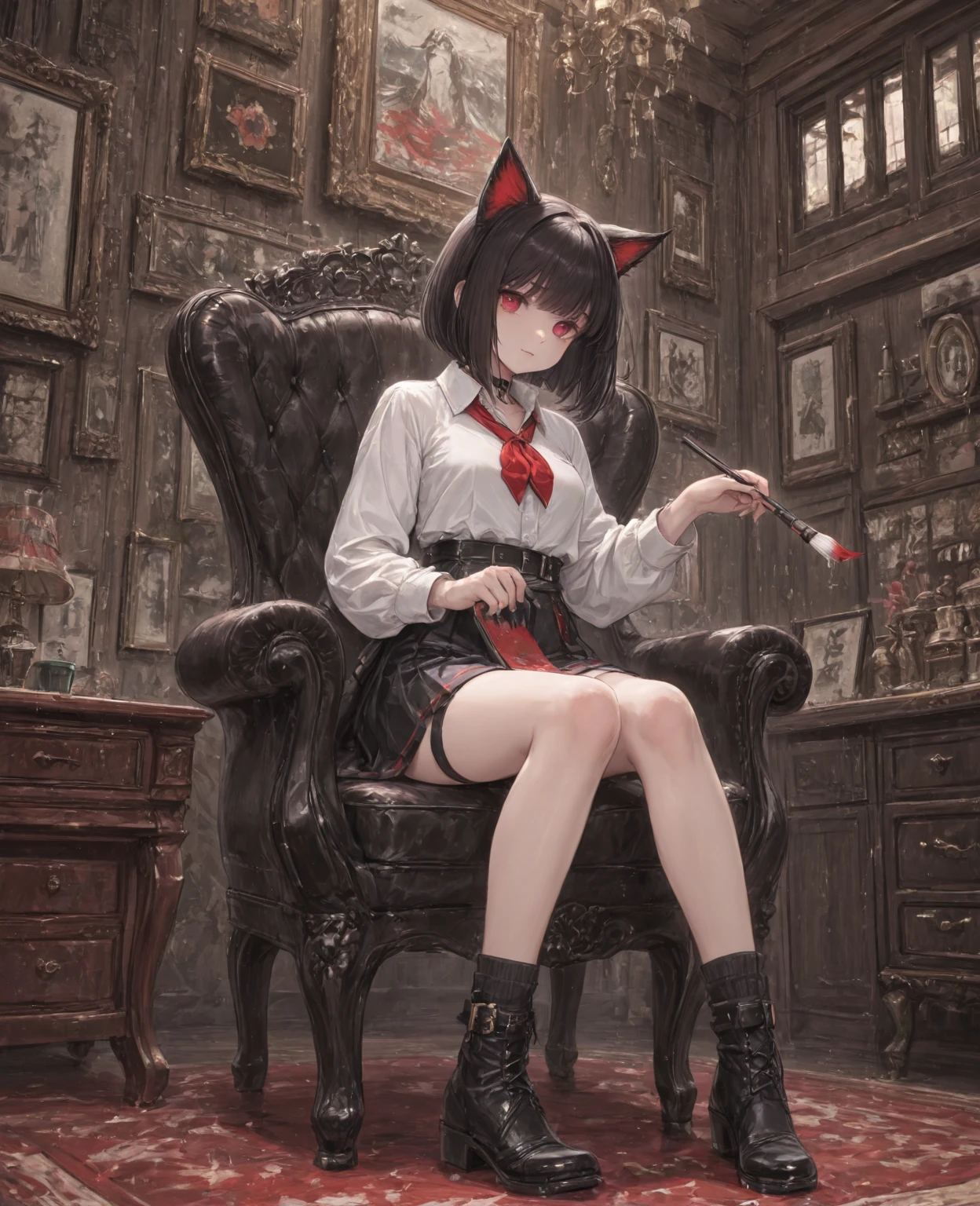 beautiful girl, red hair, lace clothes, two-dimensional illustration, goth loli, sweet loli, half twin tails, knee high socks, big, super cute, (best quality), full body , (masterpiece), (super detailed), one, red eyes, short hair, bright, big eyes, divine, natural light, smile, black cat ears, rose --auto