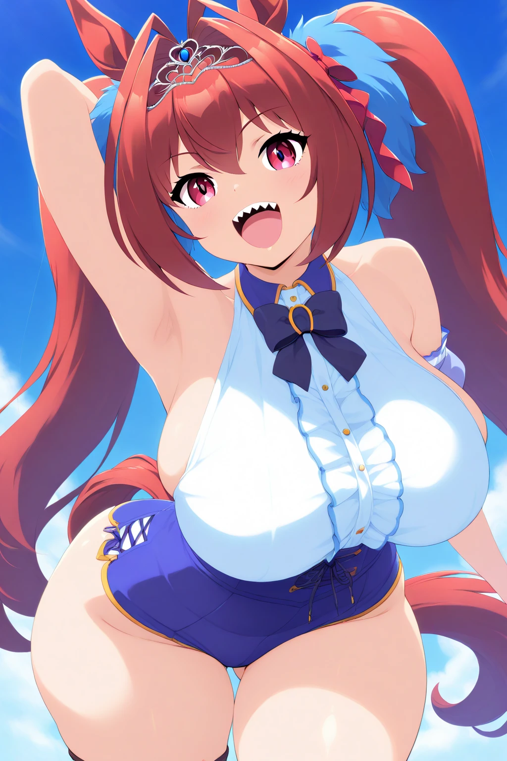 (8k, highest quality, masterpiece:1.2),\(Narrow eyes),(\(Garment Details\)\),Cowboy Shot,(Huge boobs) ,Very detailedなCG Unity 8k 巨大なファイルサイズ,Very detailed,High resolution,Absurd,Beautiful Eyes,Ray Tracing,Dramatic Shadows,finely,Hyper Detail,(1 girl:1.3),(alone)、(Light orange hairstyle)、(Blue maid swimsuit with white frills)、(Swimsuits)、blush、Sweat、Thick thighs、hot、((Haa))、((Simple Background))、Knee socks、Face the front of your body towards the viewer、Wide Hips、Sexy、Very wet、Open your mouth wide、((Keep your hands behind your head))、Amazed expression、spoken heart 、(Face forward and spread your legs wide)、(Squat)、((Visible Breath))