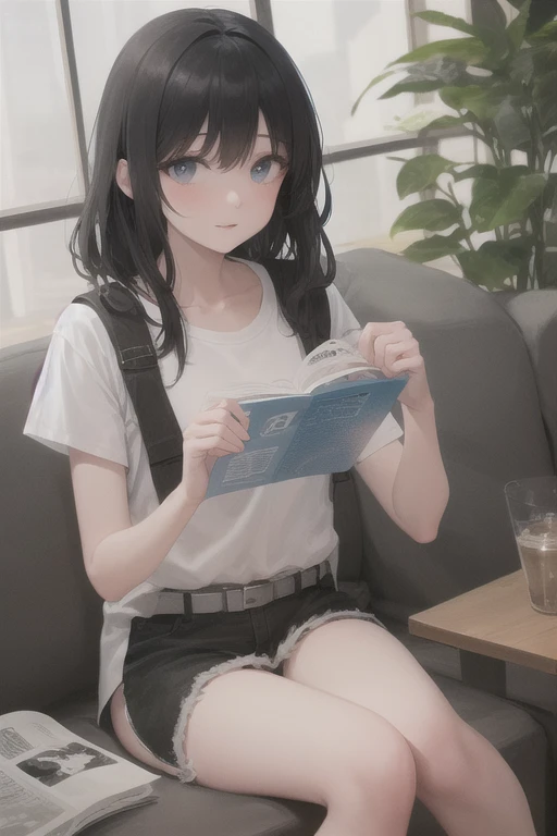 masterpiece,best quality,amazing quality,very aesthetic,absurdres,newest, <lora:NKNK_NGRMS:0.9> ,NKNK_NGRMS_illu,1girl, book, holding, shirt, open book, solo, jacket, white shirt, black hair, bangs, long sleeves, sitting, striped, closed mouth, looking down, indoors, short hair, black eyes, blue eyes,  detailed background,ultra detailed,depth of field,