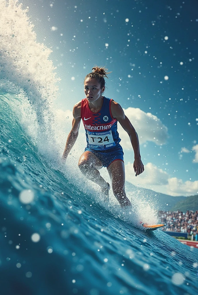 photo of beautiful young woman with long bright red hair, on the beach in La Jolla, smiling, long legs, wearing a blue running outfit, taking a selfie --ar 16:9