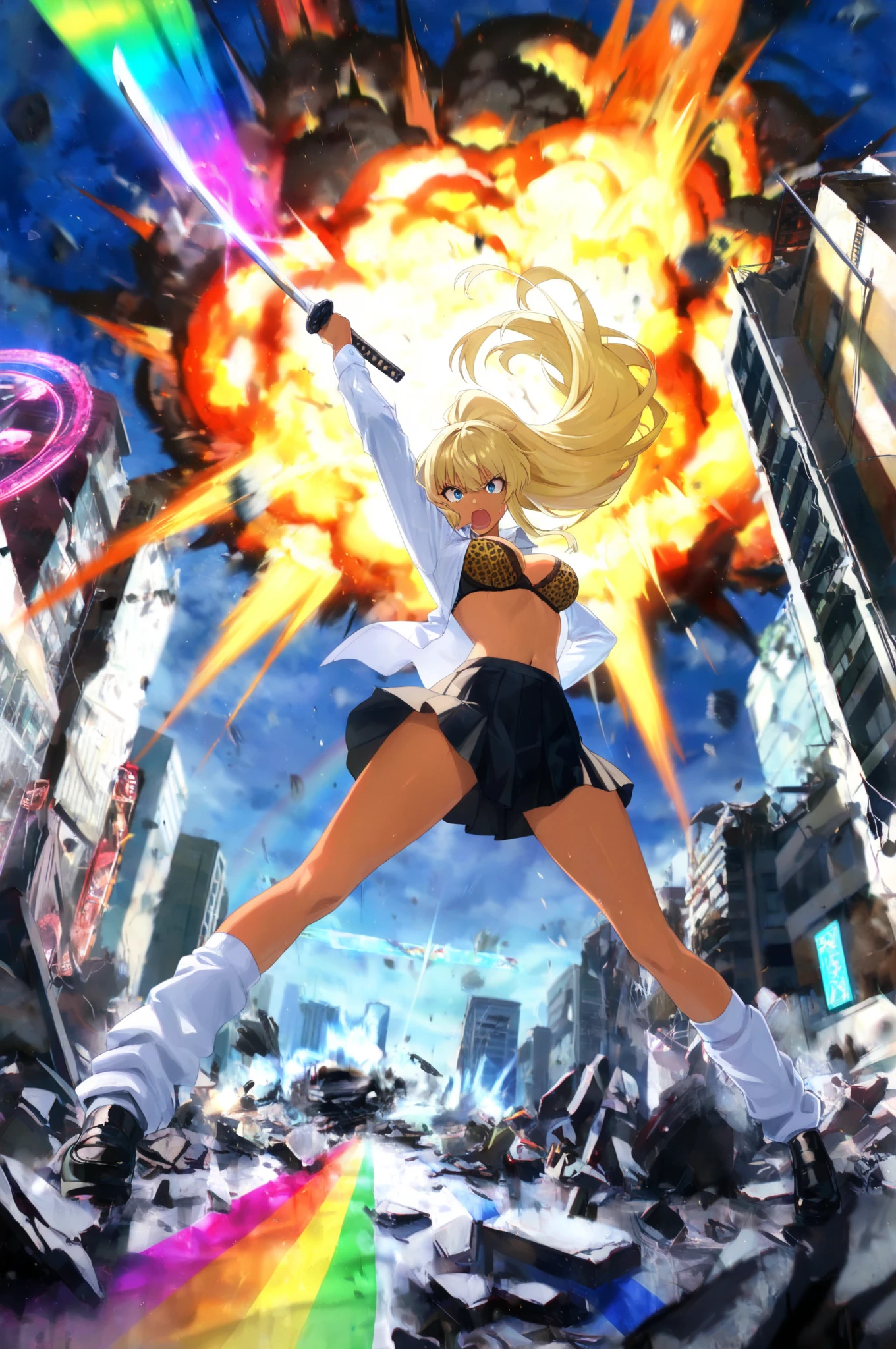 Composition seen from below ((Adult women)) pants (Cloudy) ((Grayish sky)) masterpiece Anime Style Delicate painting 4K the 90s Giant crowd ((battlefield)) ((destroyed metropolis)) ((Collapsed building)) ((ruins)) ((Rubble pile)) ((fire)) ((flame)) crowd crowd ((((A girl in a Giant swimsuit walking through the city valley))) 白いshoes下 clock Black Hair smile female Giant Giant girl Whole body crowdアンリアルエンジン,Cleavage ,Picture , Earrings, Long Hair,cute picture beauty Analog Style whole body shoes