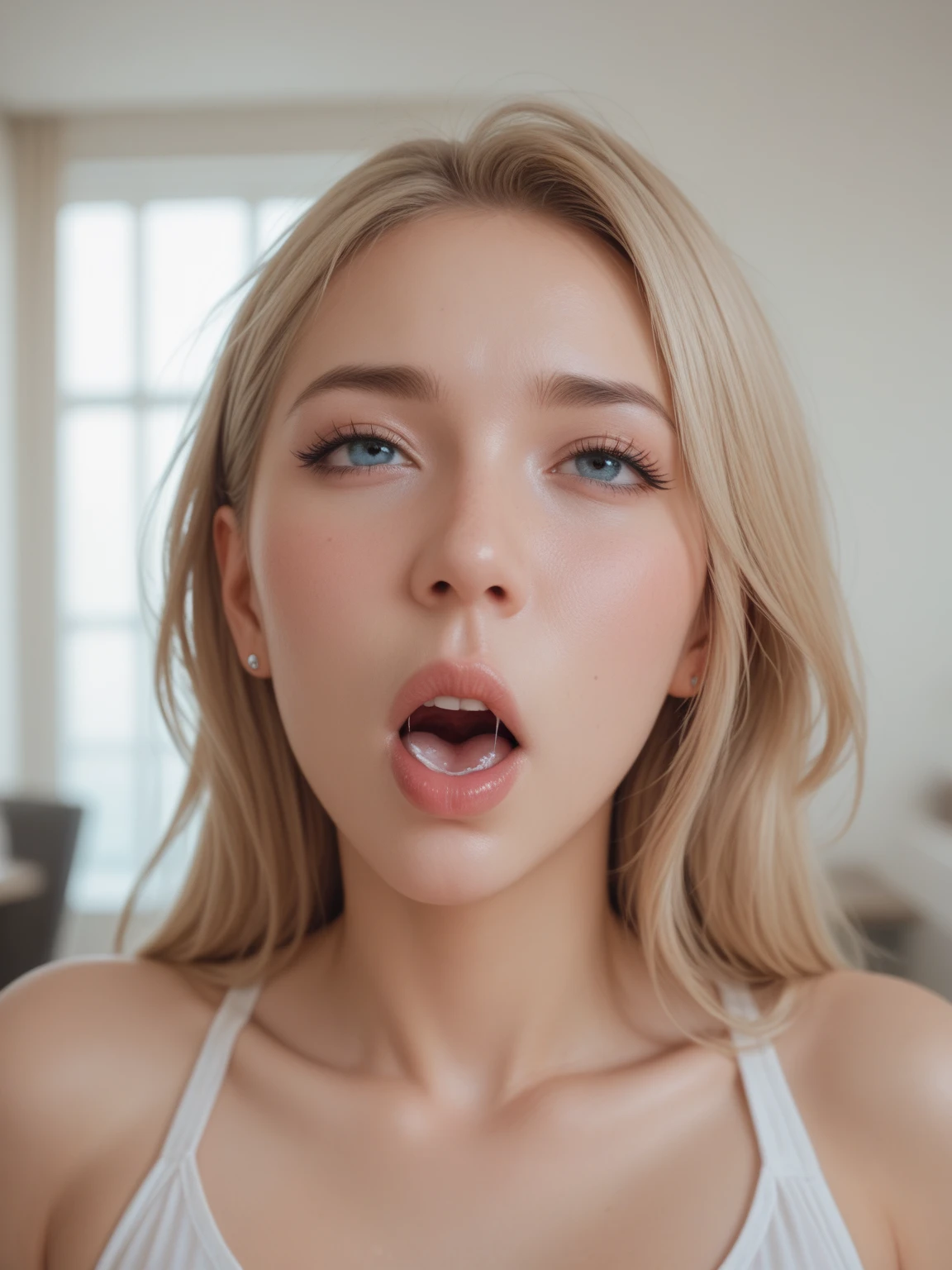 1 beautiful beautiful woman - Scandinavian European appearance (looks like the most beautiful Swedish girl), ((top quality, 8K, Masterpiece:1.retty woman, 1 woman, average breasts:1.3, a slim body:1.1, lush WHITE NIVEOUS short hair, (shower, wet body, wet clothes:1.1), very detailed face, detailed lips, detailed eyes, double eyelids, Detailed blue eyes, Detailed Outstanding Blue Eyes, WHITE NIVEOUS wet hair, WHITE NIVEOUS wet hair, Detailed Outstanding Blue Eyes, innocent look at the viewer, very wet wavy White hair, Detailed Outstanding Blue EYES, huge chest tattoo, detailed huge earrings, chest tattoo, In the gym, gym equipment behind, sexy girls exercising behind, she is wearing oversized t-shirt, reality mode, wet breasts, black necklace, the dress is absolutely translucent, sexy pose, white sexy lingerie, seen-through nipples, she is wetting, Hair of white snowy colour, snowy niveous white hair, the whitest hair ever (existed), WHITE HAIR, night time, RED NEON LIGHTS, detailed and outstanding 13 cm dick/penis/cock, accurately depicted blowjob, dick of normal size