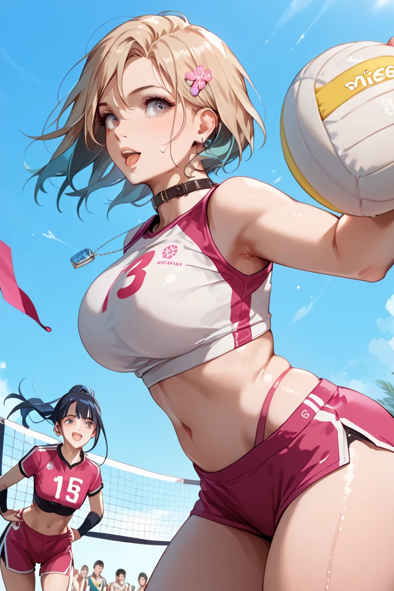 NSFW, (4+Girls:1.5), (alternate athlete swimsuit pool), Tanned skin, dark tan skin, Oil, Abs:1.4, line up, girls playing beach volley, beach volley ball, Net, masutepiece, of the highest quality, Ultra high definition, Top resolution, Very detailed, Professional Lighting, Clean skin, CG Illustration, slender, Very cute, Young Face, cleavage, Lower breast, Wet body, (Breasts out:1.4), Different hair colors, Short hair, pixie haircut, Semi-long hair, Hair Ribbon, blush, Navel, From below, Wet body, (Breasts out: 1.4), (Plastic bag 1.2), Transparent swimsuit, Beach, (Wind: 1.3), girls playing behind, showing butt、japanes、shrine maiden、barechested、tits out、crotch pussy