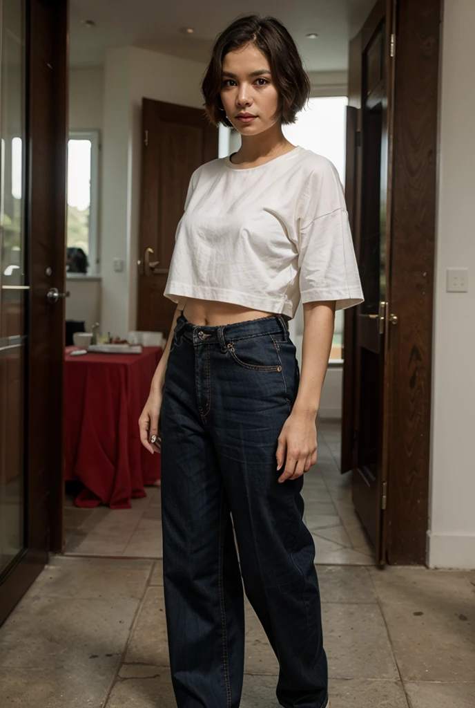 16
(Shorthair:1.3), (a 20 yo woman), (A hyper-realistic), (masutepiece), (8KUHD), Woman in long pants, Small eyes, (Abstract background:1.23)