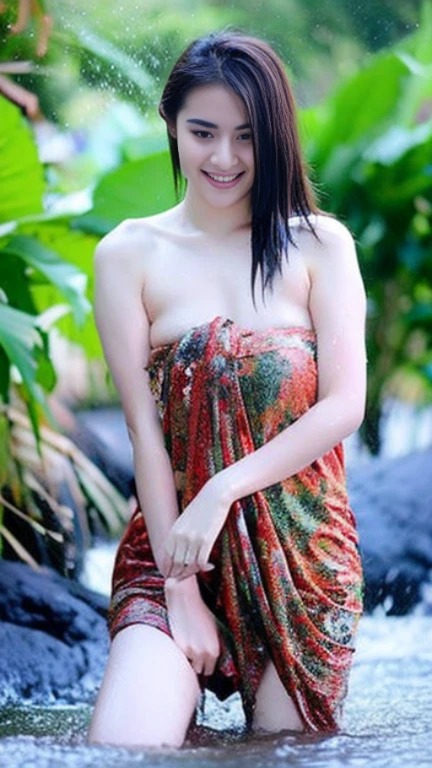 beautiful girl, long hair, Thai sarong, Thai pattern, shower,topless, Huge breasts, beautiful breasts, thin, thin, Flat stomach, Long legs, stream, river bank, natural