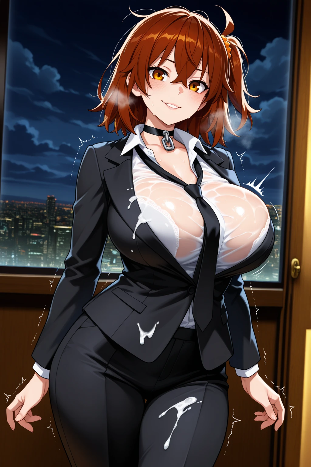 light brown hair, black colored dress, blue eyes, gigantic breasts, cleavage, bare legs, smiling