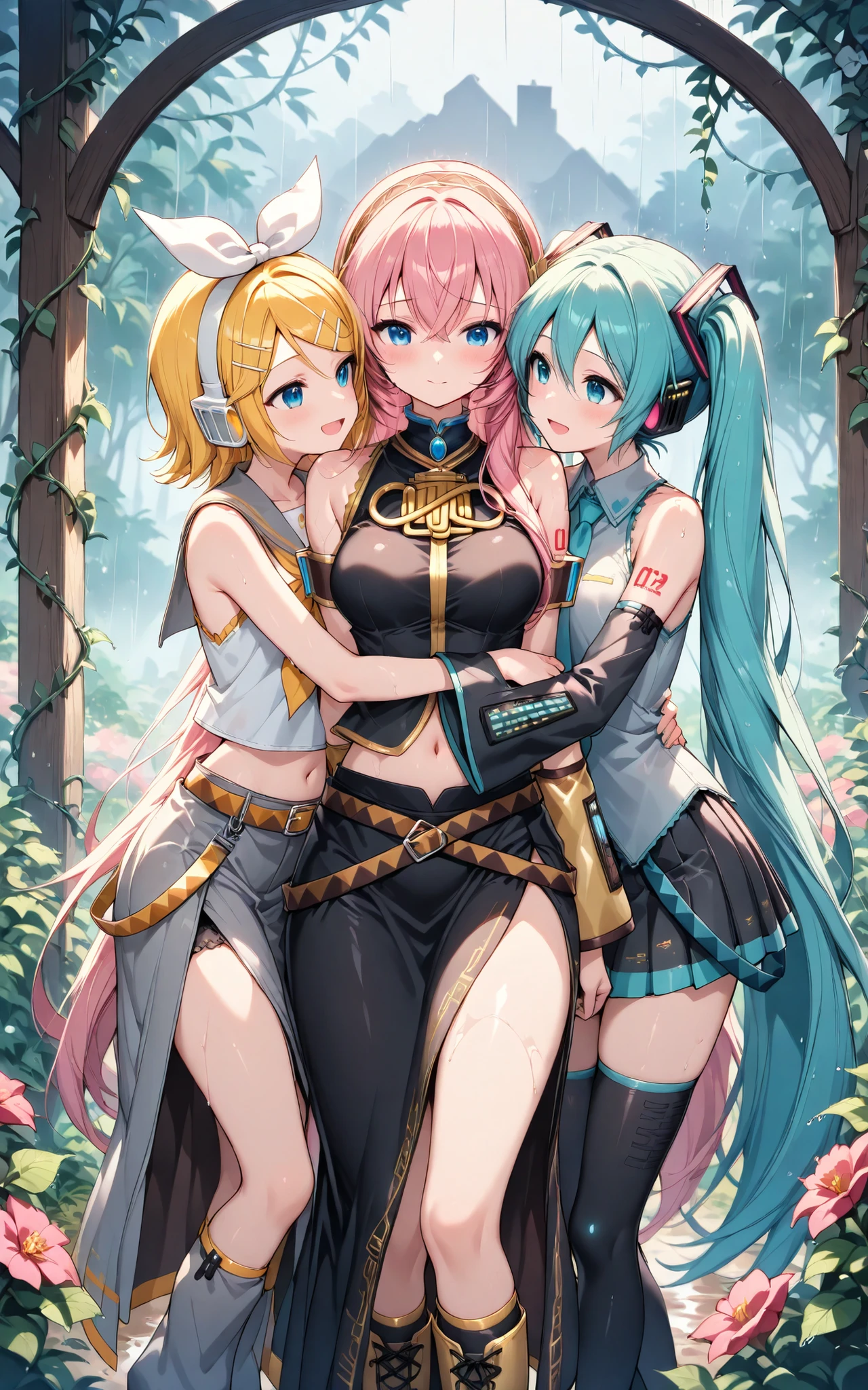 ((masterpiece)), best quality, (high brightness,low gamma,soft colors), very awa, extremely detailed CG unity 8k wallpaper,
((multiple girls,3girls,yuri,hug from behind)),
(hatsune miku,vocaloid,grey shirt,sleeveless,lace,black skirt,pleated skirt,detached sleeves,black sleeves,wide sleeves,aqua necktie,bare shoulders,aqua hair,very long hair,twintails,hair ornaments,hair between eyes,wearing black boots,thigh boots,black thighhighs),
(kagamine rin,vocaloid,white shirt,sleeveless,lace,grey skirt,pleated skirt,detached sleeves,grey sleeves,wide sleeves,grey sailor collar,yellow neckerchief,belt,navel,yellow hair,short hair,white headphones,hair bow,white bow,multiple hairpins,hair ornaments,swept bangs,wearing white footwear,grey leg warmers),
(megurine luka,vocaloid,black dress,sleeveless,lace,black skirt,side slit,single detached sleeve,gold sleeve,single armband,belts,navel,pink hair,very long hair,black headphones,single sidelock,crossed bangs,wearing gold boots,knee boots,cross-laced footwear),
(((eyes open,smile))), (open mouth), embarrassed,
(((rain,downpour))), ((wet hair,wet skin,wet clothes)), A downpour drenching hair and skin, water drop, outdoors, (((garden,flower,vines))), (cinematic lighting,bokeh), u