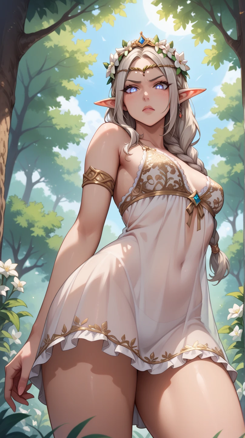 Emilia re:zero, purple eyes, Emilia, crown braid, x hair ornament, flower hair ornament, white hair, long hair, medium breasts, braided hair, hair over shoulder, twig crown with flowers, orange eyes, pointed ears, brown collar, bare shoulders, cleavage, green puffy detached sleeves, green slit dress, brown boots, brown underwear