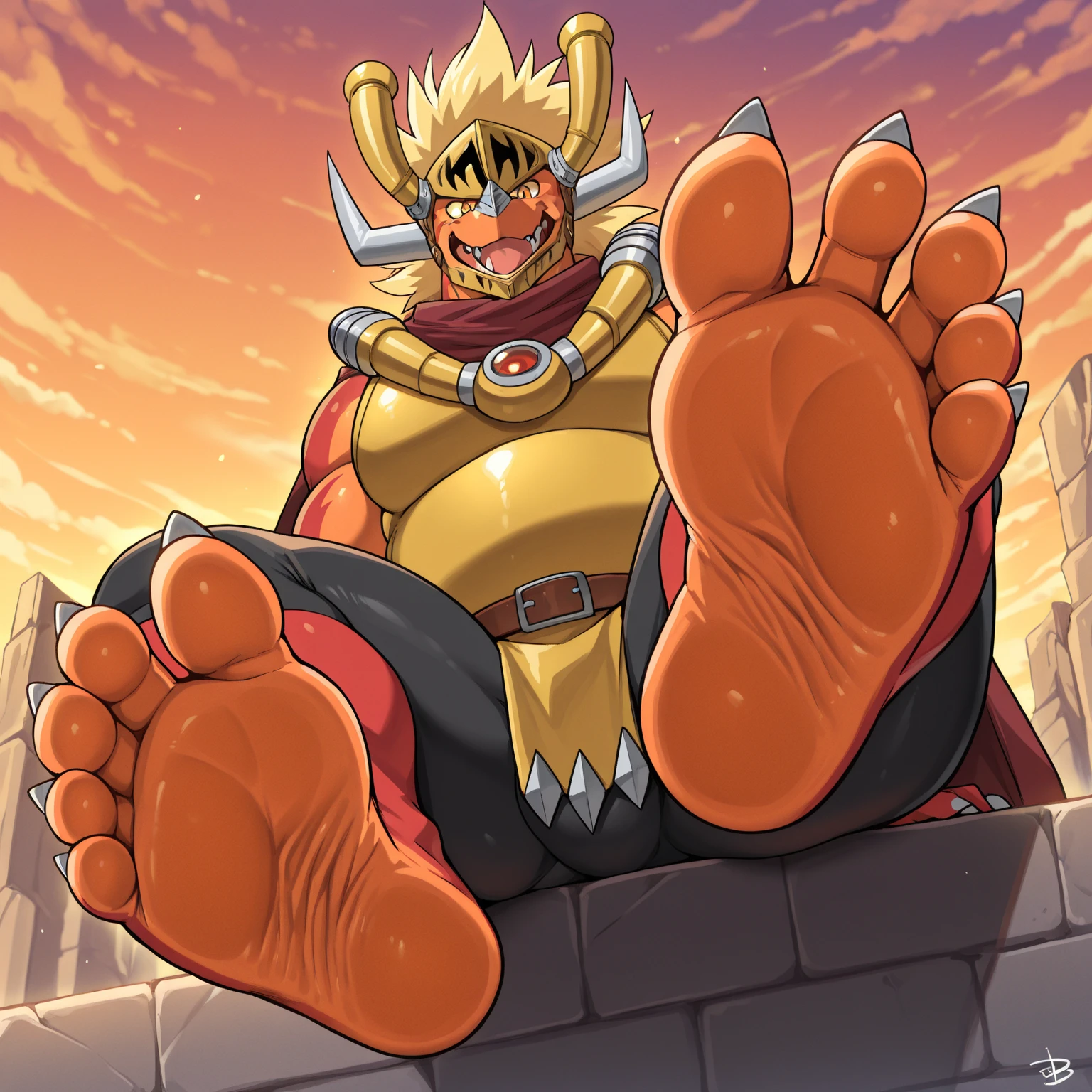 lynx, furry, Golden fur, golden eyes, wine red magician hat, muscular, Focus on paws, Focus on paw pads, smirk, Viewing angle from below, Character look down, Fußfocus, Macro