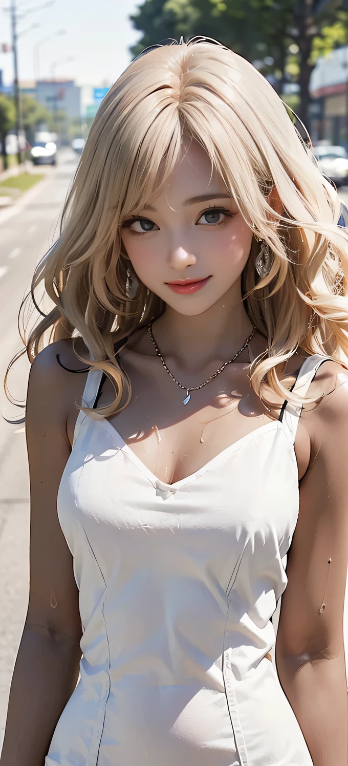 European and American women, A fashion model, wears a white dress, Glamour, paparazzi taking pictures of her, Blonde hair, Brown eyes, 8K, High quality, Masterpiece, Best quality, HD, Extremely detailed, voluminetric lighting, Photorealistic