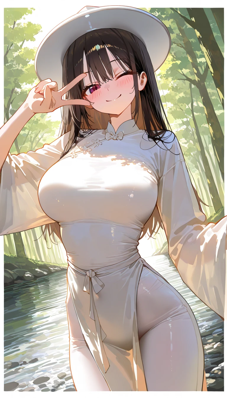 1girl, koreangirl age 17,beautiful smile,sexy,he tall,super big breast,(P cup),sexy girl pose photos,mom sexy,transparent t-shirt outfit,and transparent mini skirt outfit,full body wet water,in park,long ponytail black wet hair,rain, heavy rain