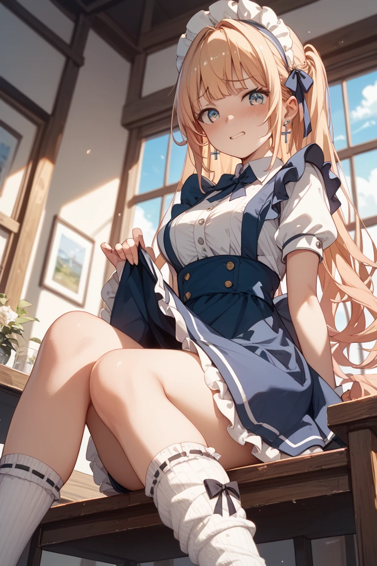 1girl,nsfw,skirt lift, upskirt, 1人の女性、(beautiful eyes finely detailed、Face to detail、masterpiece sidelighting、​masterpiece、top-quality、detaileds、High resolution illustration)、((Scene、1 persons)),（TOKYOcty、modern day、schools、kaidan 、is standing),校服、White shirt、see through, no-bra、Panties、pussy, a miniskirt(Skirt combing、low angles、Panchira)、(1 persons、adult-like、Female about 20 years old) ,(1girl in,full bodyesbian、frontage、Beautuful Women,luslous skin、A smile), (Semi-long hair、blue eyess、a blond)、Peeking from below