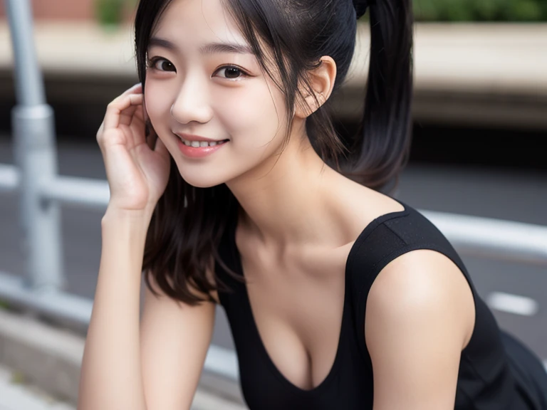 highest quality, masterpiece, Ultra-high resolution,(((Face Focus:1.6))) (Realistic:1.6), (Portrait of a man kneeling with his legs spread apart) RAW Photos, 1 girl, 20-year-old,((Black-toned fashion)),((Ponytail and hair tie)),,((Looking up at the audience)),Realistic,((Wood Balcony)), Image Media Chest)),((Smiling with teeth showing)),