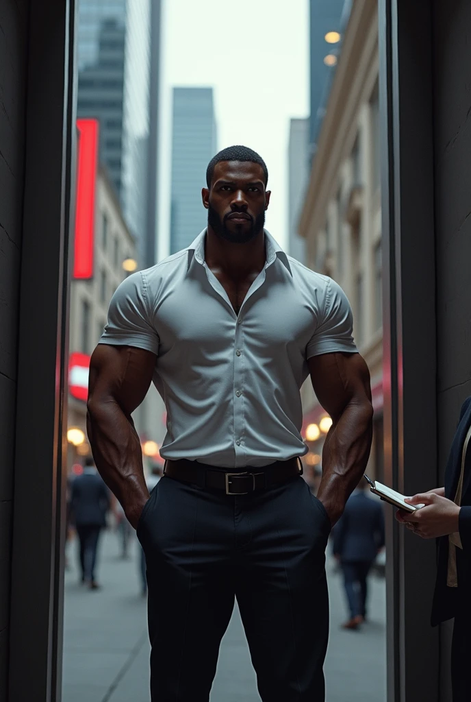 Create a fanfic cover image, where there are two guys side by side holding badges, One is tall, dark-skinned, brawny, has his entire arm tattooed and is a CIA agent, the other is smaller, more delicate but also has muscles, He's blond with thick lips and is an FBI agent.