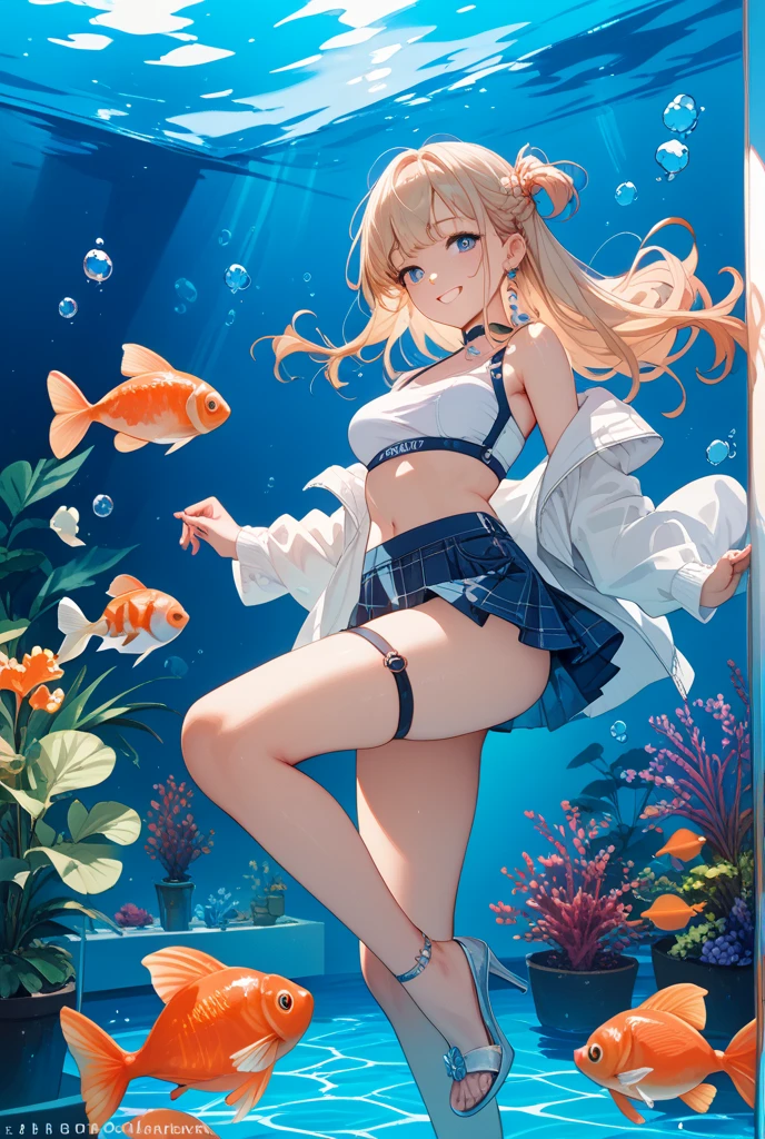 (nod、neon), (white seraph, face, (red cell frame glasses)、(white skirt)、(white stockings),(green Eyes:1.2),(big eyes:1.6), ,Drunk,(tilt one's head:1.3),(doe-eyed:1.1),(smile:1.5),((blush)),,((contrasted:1.5)),((Anime painting)),,(EnvyBetterHands, QuickHand),(angled, sharp, edgy, piercing, fierce),(long hair)、(looking at viewer),,((slant eyes:1.5)) , ((masterpiece, best quality,Highest quality、High resolution,8K,ultra-detailed face,アニメ,ultra-detailed eyes,ultra-detailed hands,ultra-detailed fingers,ultra-detailed hair,ultra-detailed hands, shiny skin, Silky Pale White,アニメ))(in water:1.4)，Ocean，School of small fish，Light，bubble，jellyfish，Ocean algae，Red fish，Yellow fish，Deep Ocean，fantasy，Ocean bottom，float，(underwater city:1.4)，smile:1.3,